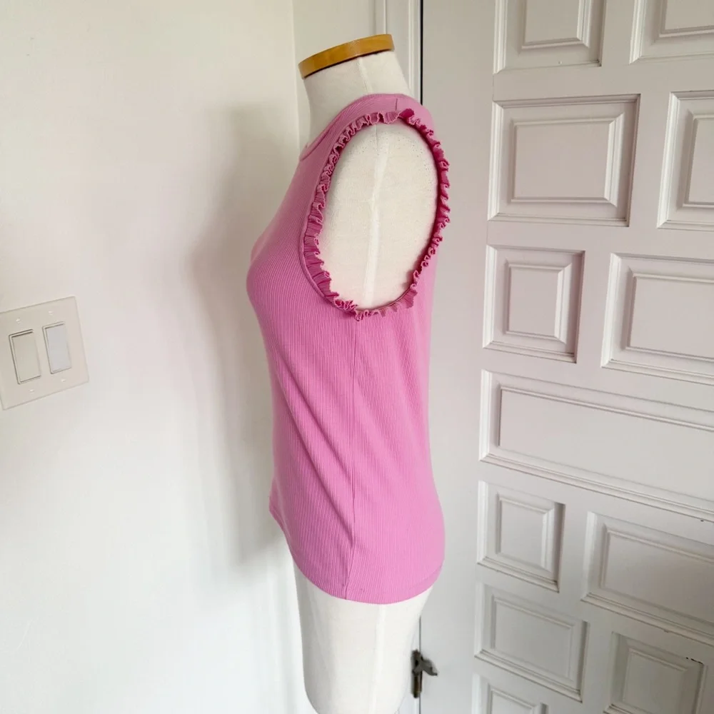 J. Crew Pink Top Ribbed Ruffle Sleeveless Cotton Blend Size Small